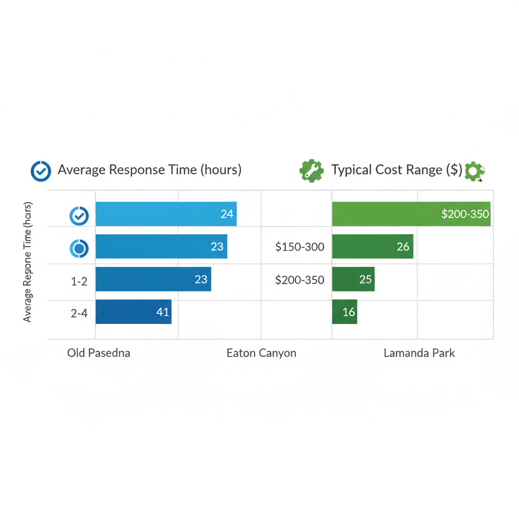 Horizontal bar chart comparing Thermador repair response times and costs across Pasadena neighborhoods