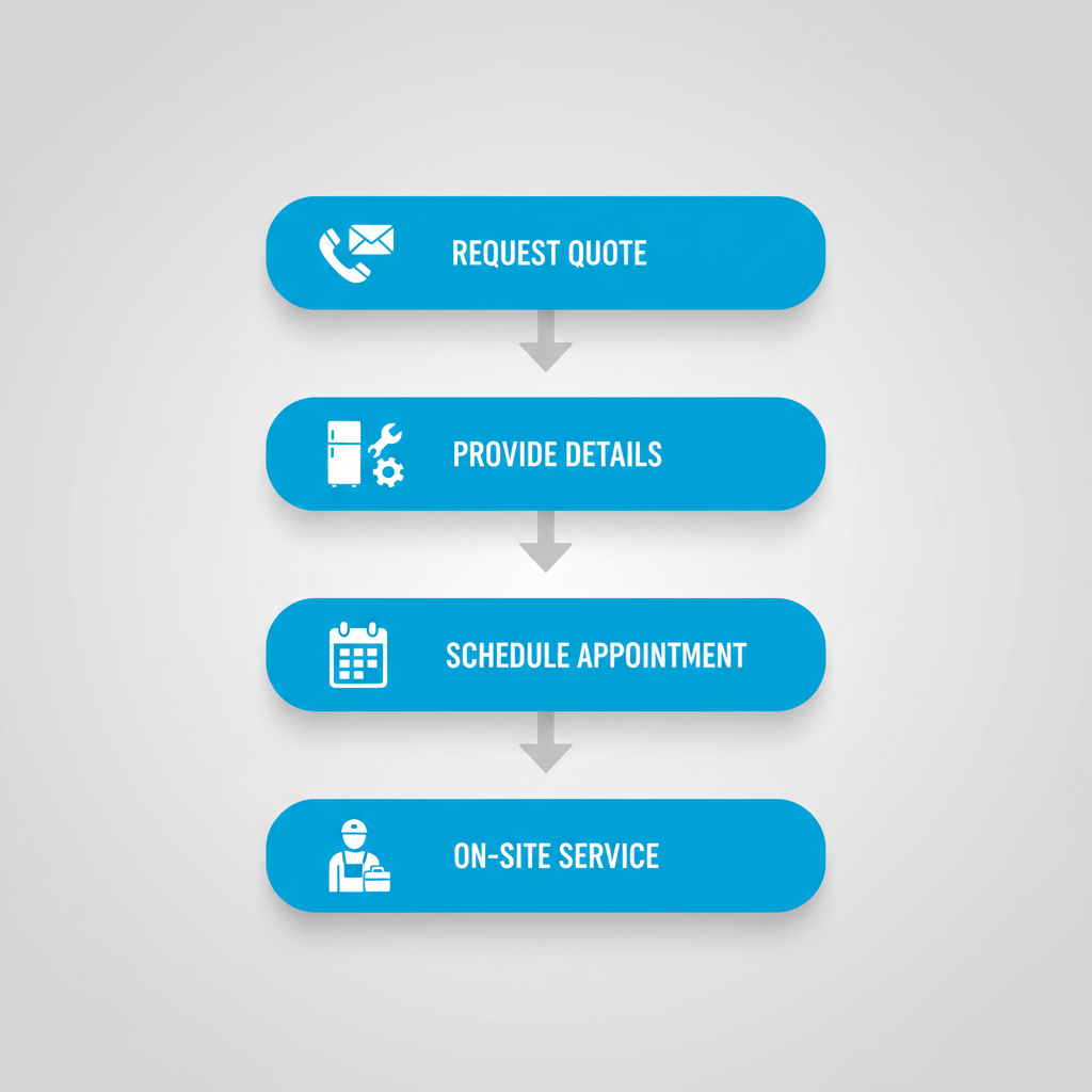 Vertical process flow diagram illustrating the four steps to book Thermador appliance repair service in Pasadena