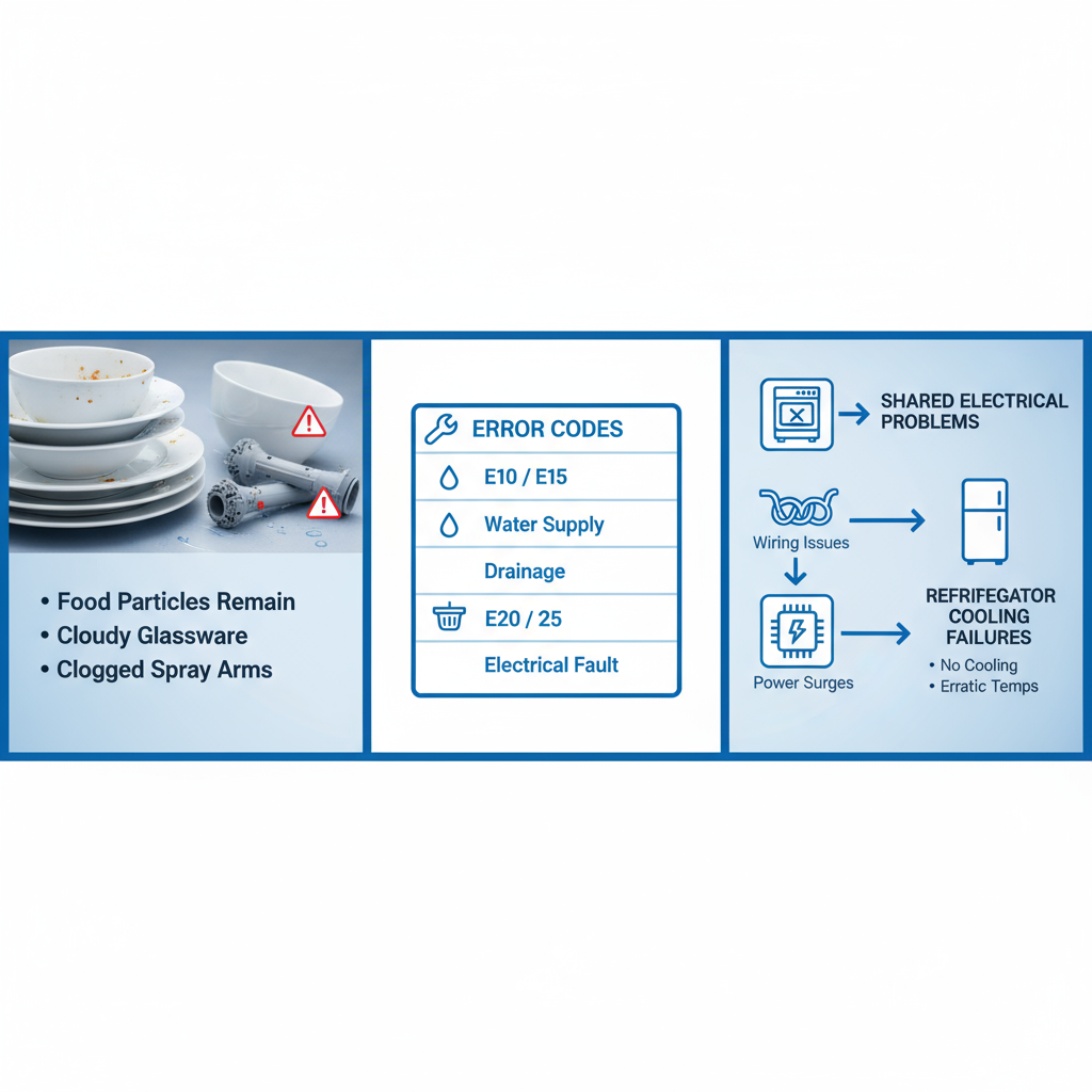 Infographic illustrating common Thermador dishwasher issues: cleaning failures, error codes, and connections to refrigerator problems