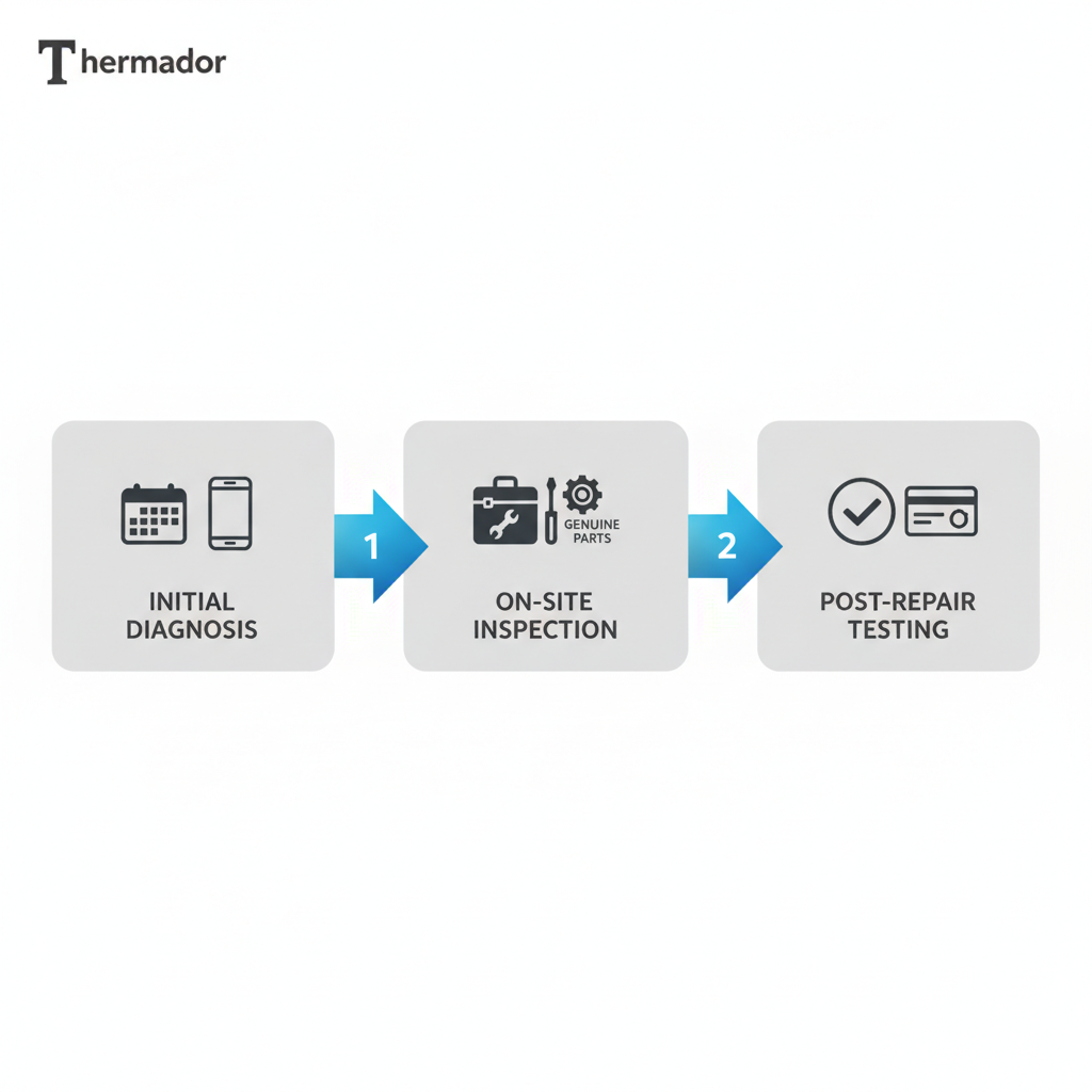 Horizontal process flow diagram of Thermador appliance repair steps: diagnosis, inspection, and testing