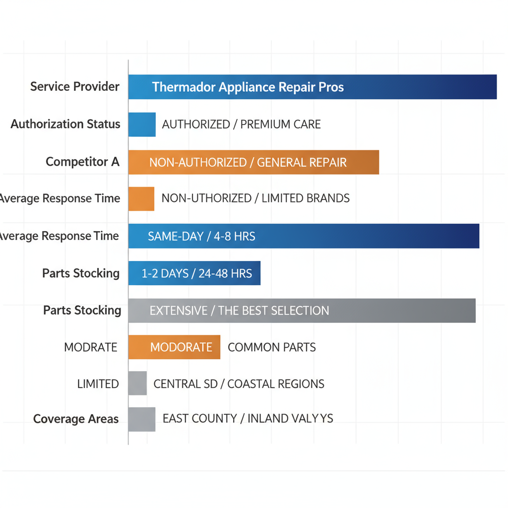 Horizontal bar chart comparing Thermador appliance repair services in San Diego across service provider, authorization, response time, parts stocking, and coverage areas