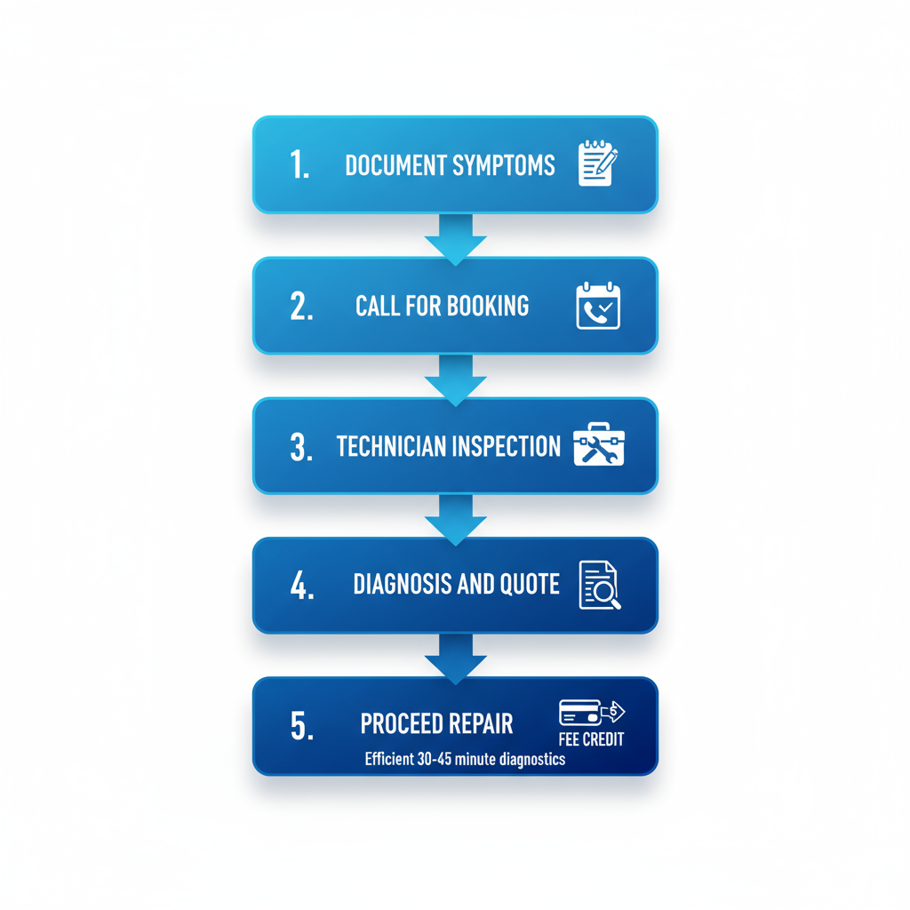 Vertical process flow diagram illustrating five steps for starting Thermador dishwasher repairs in San Diego, from documenting symptoms to proceeding with repair.