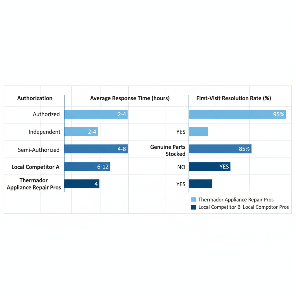 Horizontal bar chart comparing Thermador appliance repair providers in Glendale by authorization, response time, parts availability, and resolution rate
