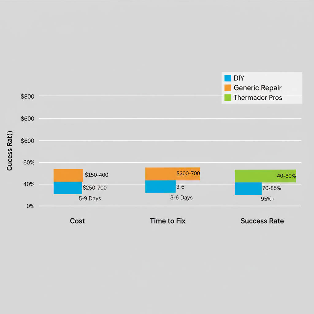 Bar chart comparing DIY, generic, and authorized Thermador dishwasher repair options in Oakland by cost, time to fix, and success rate