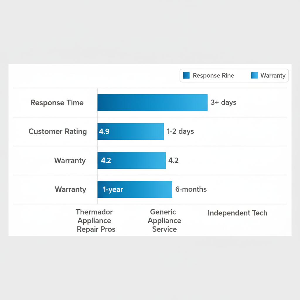 Horizontal bar chart comparing Thermador appliance repair providers in San Mateo by response time, customer ratings, and warranty.