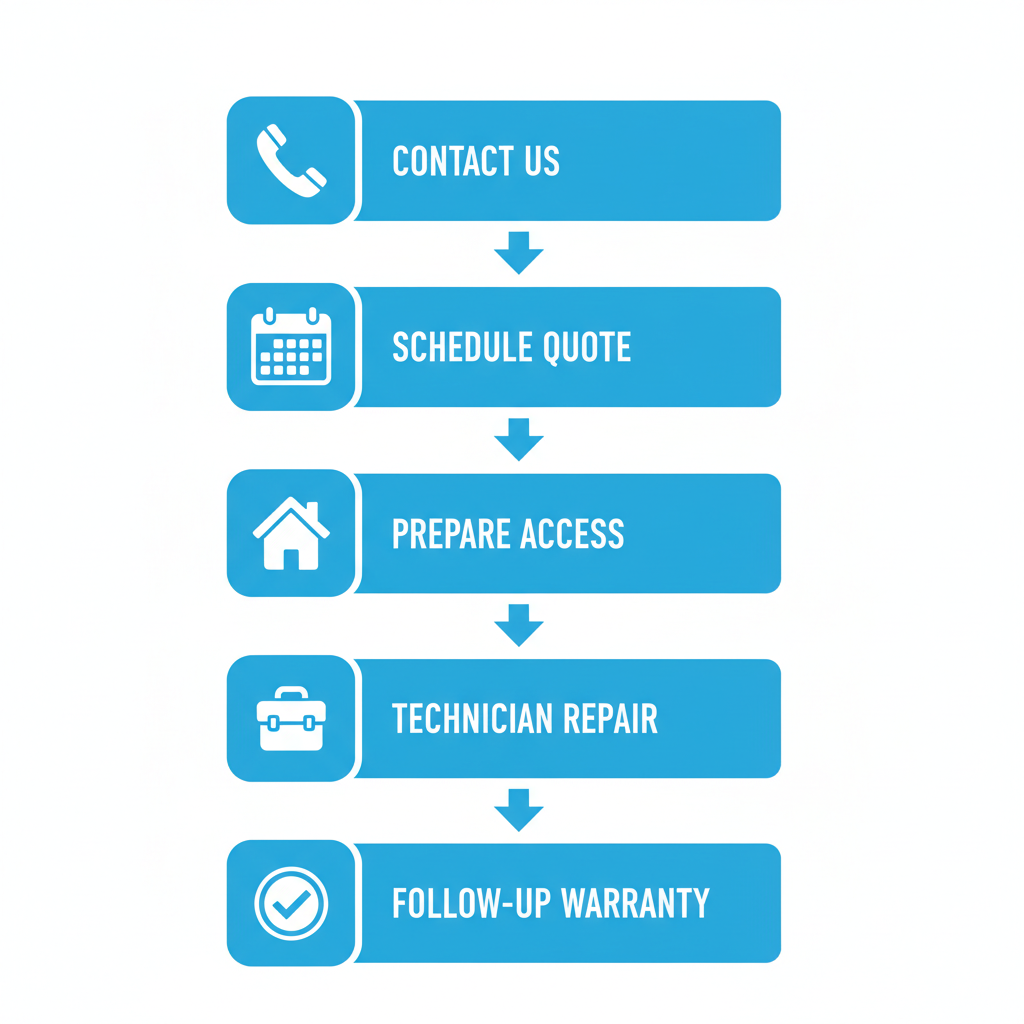 Vertical process flow diagram showing five steps to arrange Thermador appliance repair service