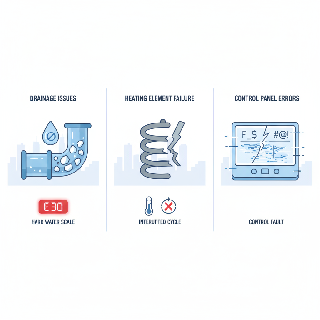 Infographic illustrating common Thermador dishwasher problems including drainage, heating, and control issues with icons and error codes