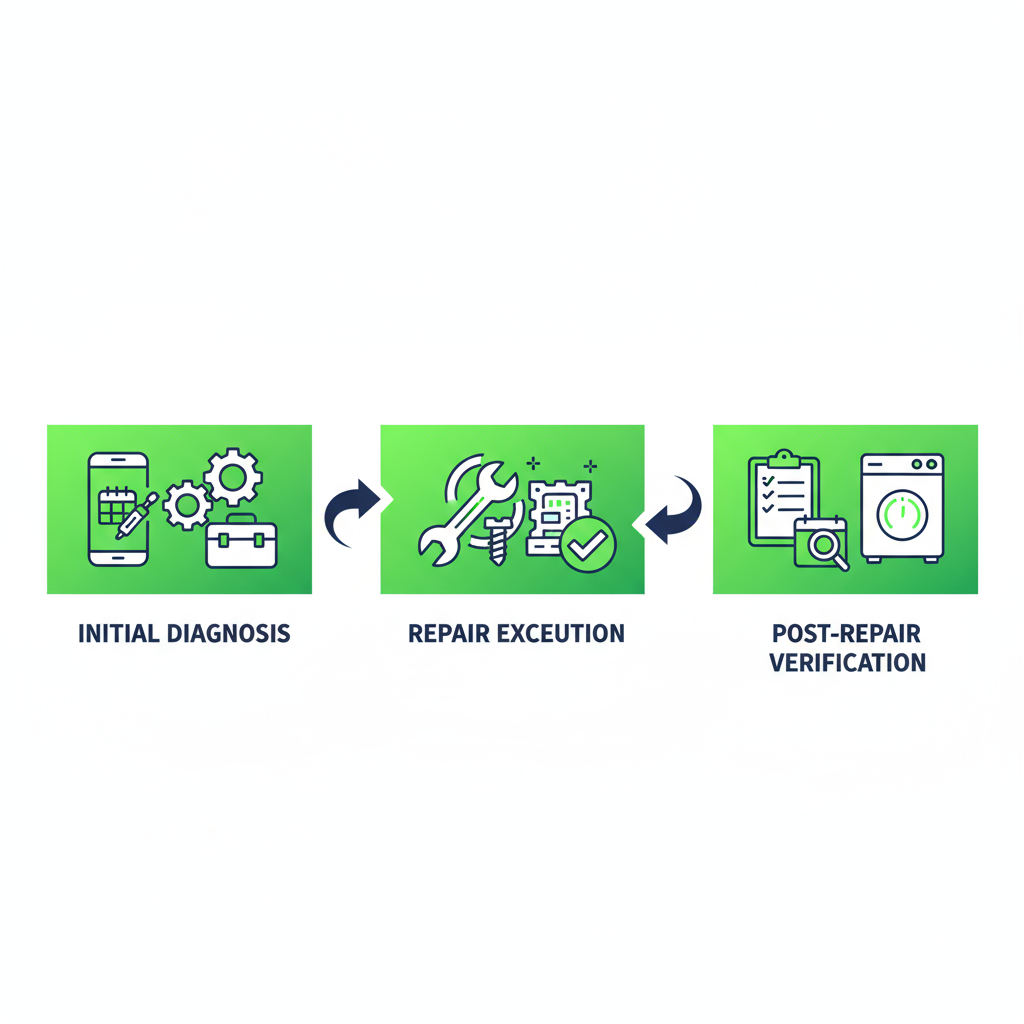 Horizontal process flow diagram illustrating the three key stages of Thermador appliance repair: diagnosis, execution, and verification