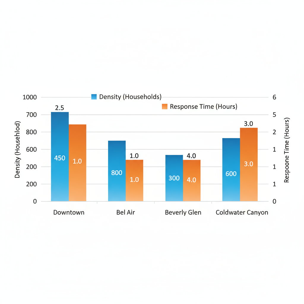 Horizontal bar chart comparing Thermador stove density and repair response times across Beverly Hills neighborhoods including Downtown, Bel Air, Beverly Glen, and Coldwater Canyon