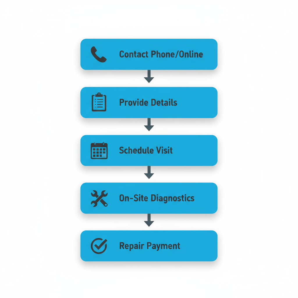 Vertical flowchart depicting the five-step process for starting Thermador stove repair service, including contact, details, scheduling, diagnostics, and repair.