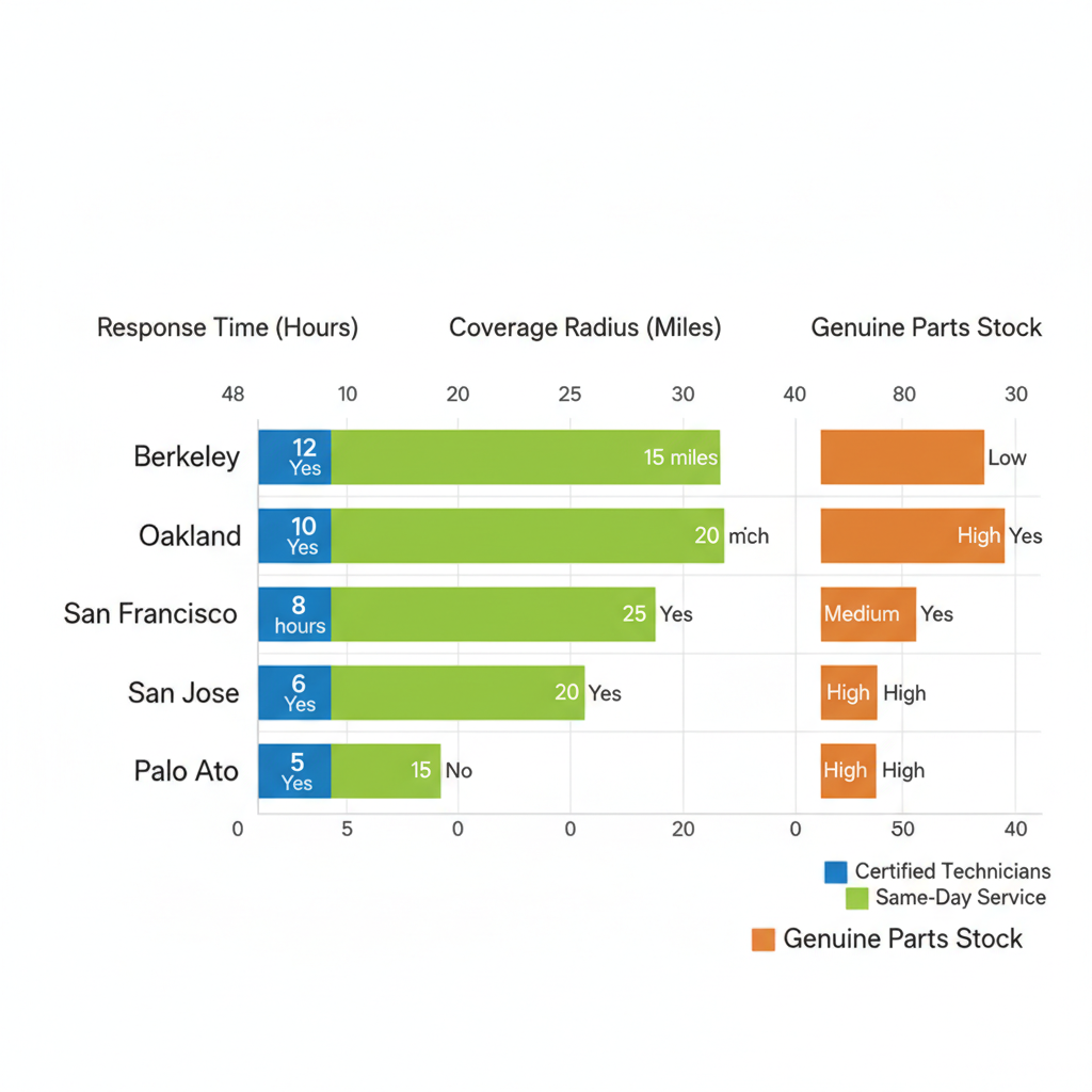 Horizontal bar chart comparing Thermador appliance repair metrics including response time, coverage radius, certified technicians, same-day service, and parts stock across Bay Area locations: Berkeley, Oakland, San Francisco, San Jose, and Palo Alto
