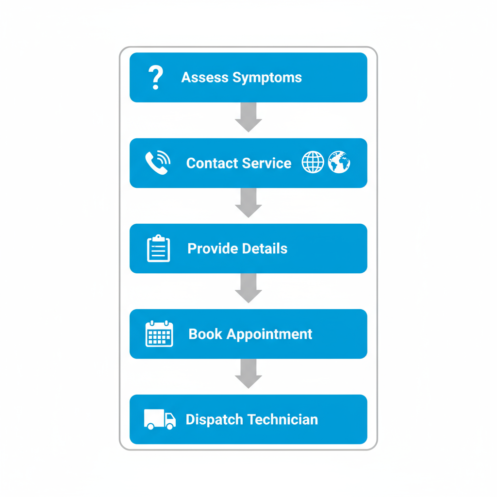 Vertical process flow diagram for scheduling Thermador stove repair in Berkeley, illustrating five key stages with icons and minimal labels