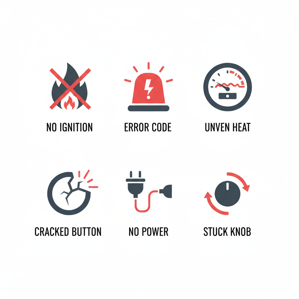 Icons depicting common Thermador cooktop problems like ignition failure and uneven heating