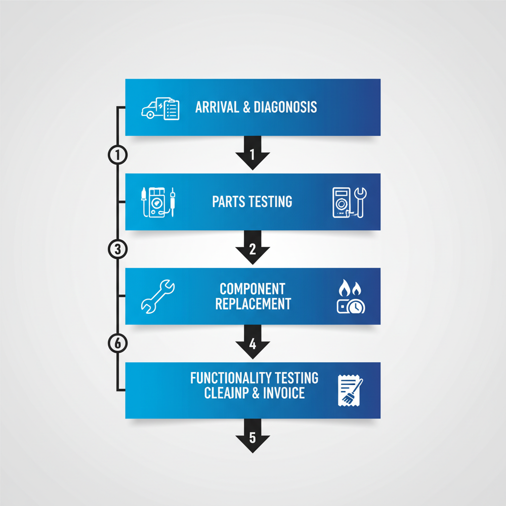 Vertical process flow diagram of five stages in Thermador cooktop repair process from technician arrival to cleanup