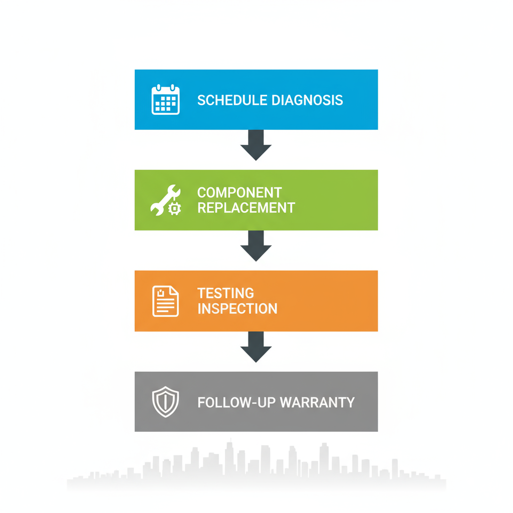 Vertical process flow diagram of Thermador appliance repair stages in San Diego