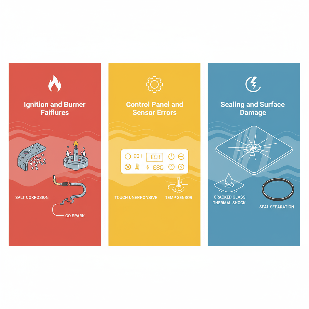 Infographic illustrating three common Thermador cooktop problems in San Diego: ignition failures, control errors, and surface damage with icons and minimal labels