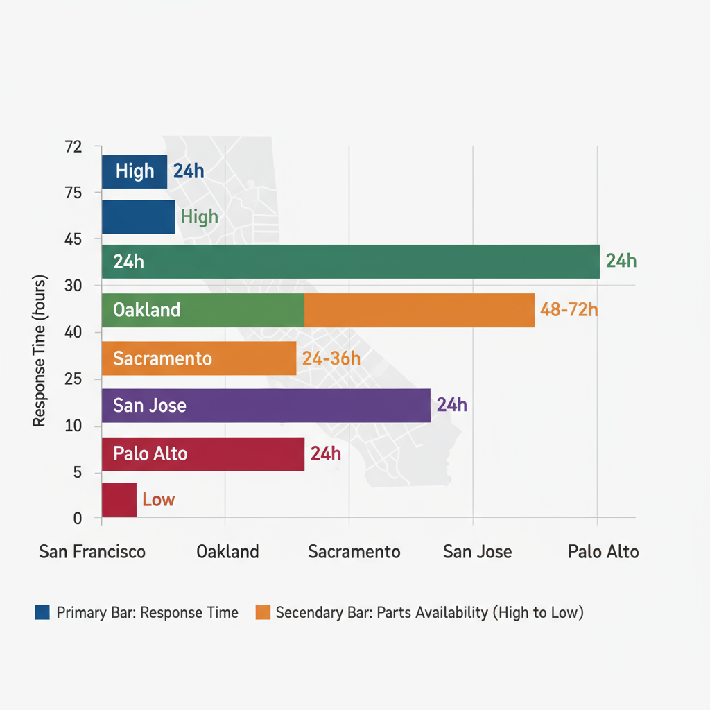 Horizontal bar chart comparing Thermador appliance repair response times and parts availability in Bay Area locations