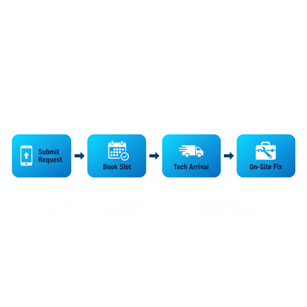 Horizontal process flow diagram illustrating four steps to access Thermador repair services in the Bay Area: submit request, book slot, tech arrival, and on-site fix.