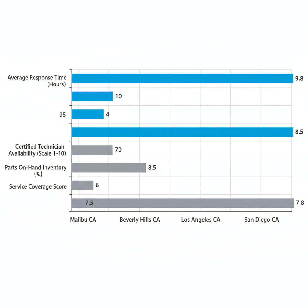 Horizontal bar chart comparing Thermador repair metrics across Southern California regions including Malibu.
