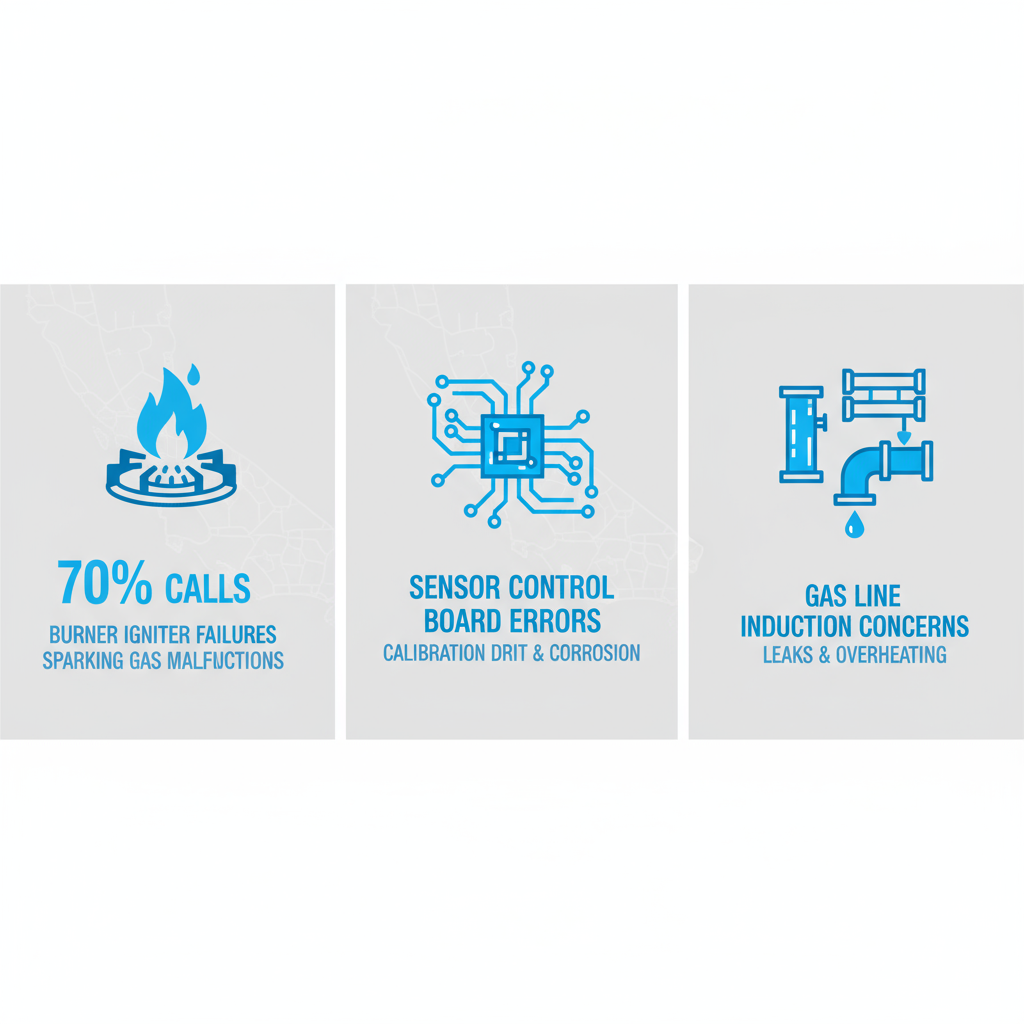 Infographic depicting common Thermador cooktop problems including burner failures, sensor errors, and gas line issues with Bay Area service statistics