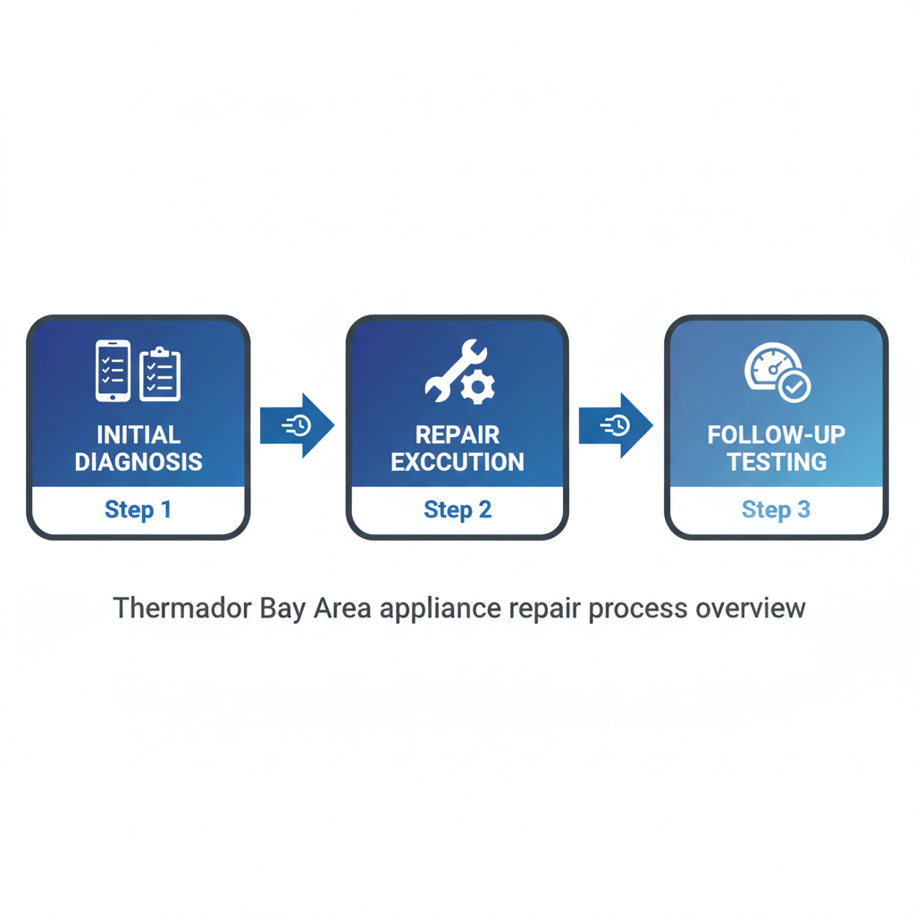 Horizontal flowchart illustrating the three-step Thermador appliance repair process in the Bay Area