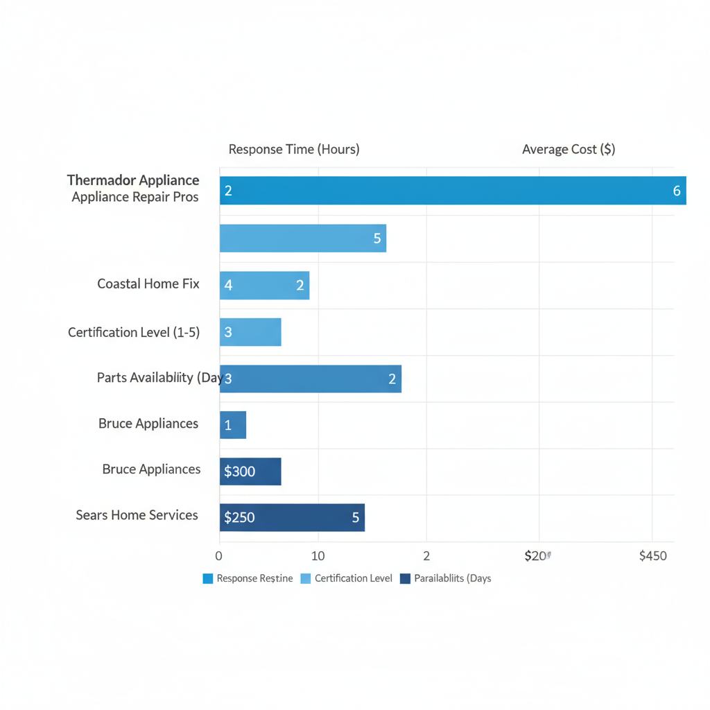 Horizontal bar chart comparing Thermador appliance repair providers in Newport Beach by response time, certification level, parts availability, and average cost