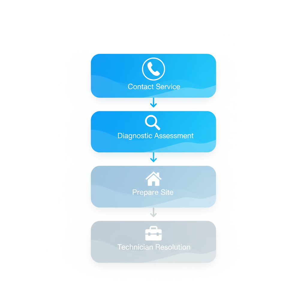 Vertical process flow diagram illustrating the four steps to initiate Thermador appliance repairs: contact via phone or online, diagnostic assessment and quote, prepare access and site, and technician visit.