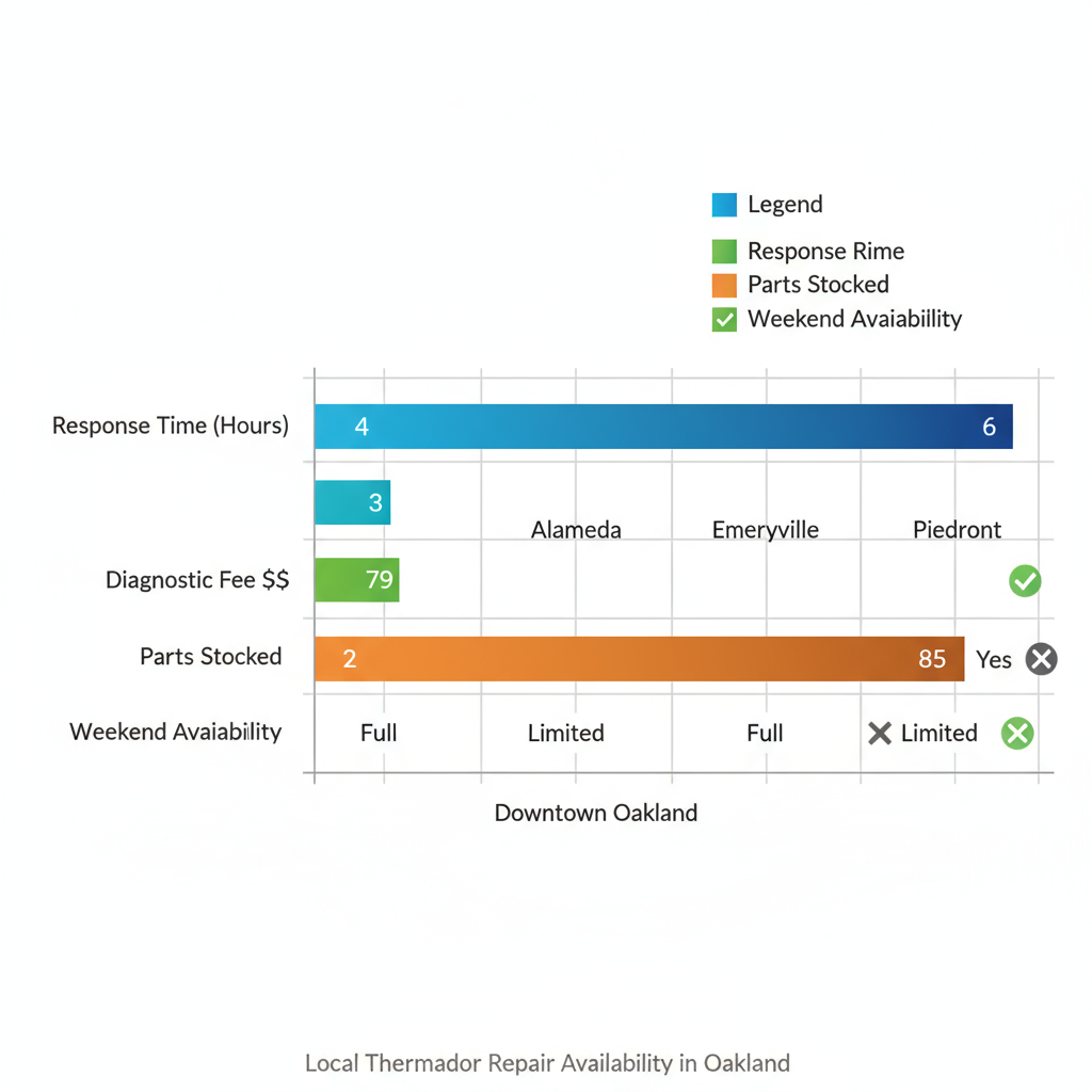 Horizontal bar chart comparing Thermador appliance repair metrics across Oakland neighborhoods