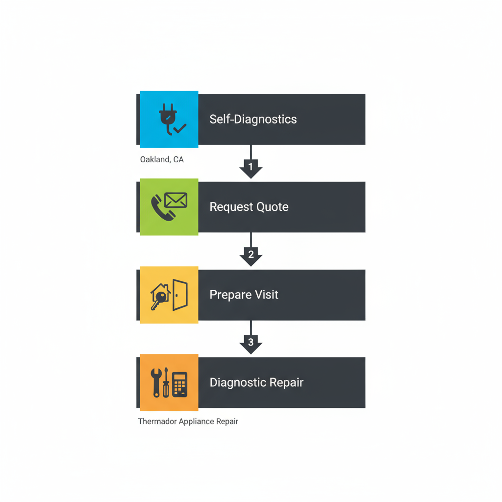 Vertical process flow diagram illustrating four steps to initiate Thermador appliance repair in Oakland: self-diagnostics, request quote, prepare for visit, and diagnostic repair.