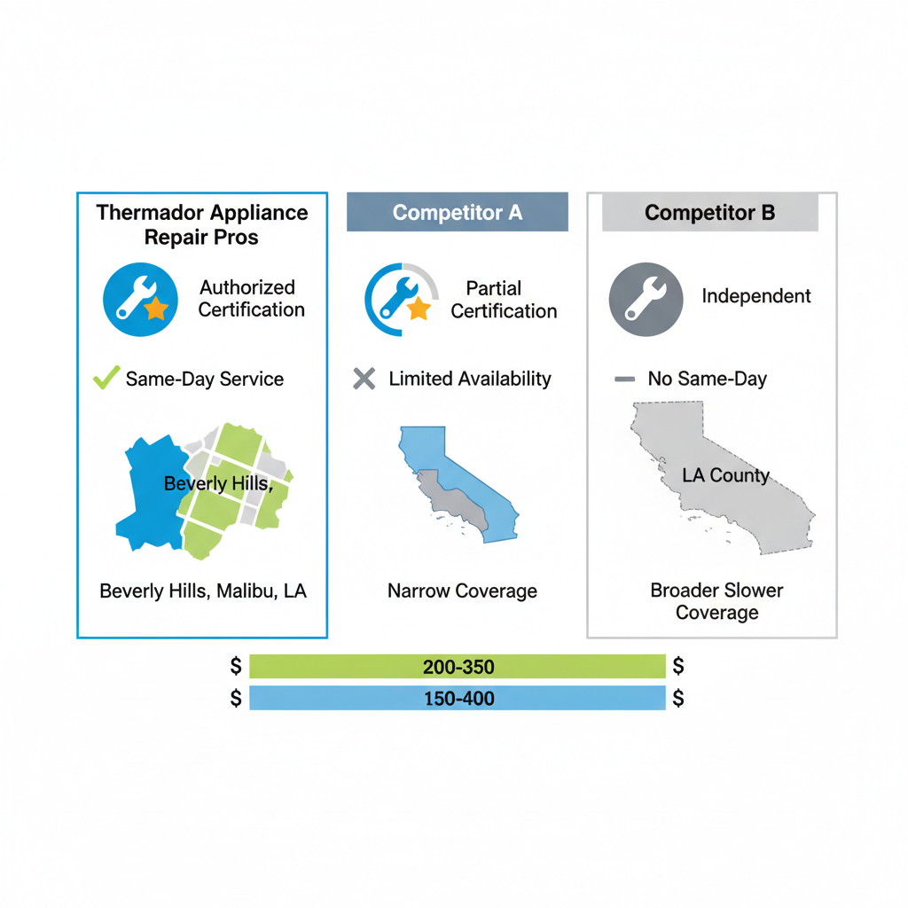 Infographic comparing Thermador Appliance Repair Pros and competitors in Beverly Hills highlighting certifications services coverage and costs