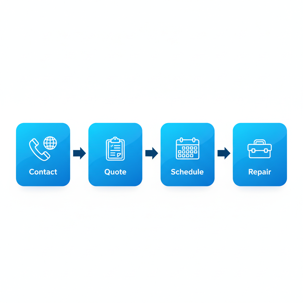 Horizontal process flow diagram illustrating four steps to schedule Thermador appliance repairs: contact, get quote, prepare and confirm, technician arrival and repair.