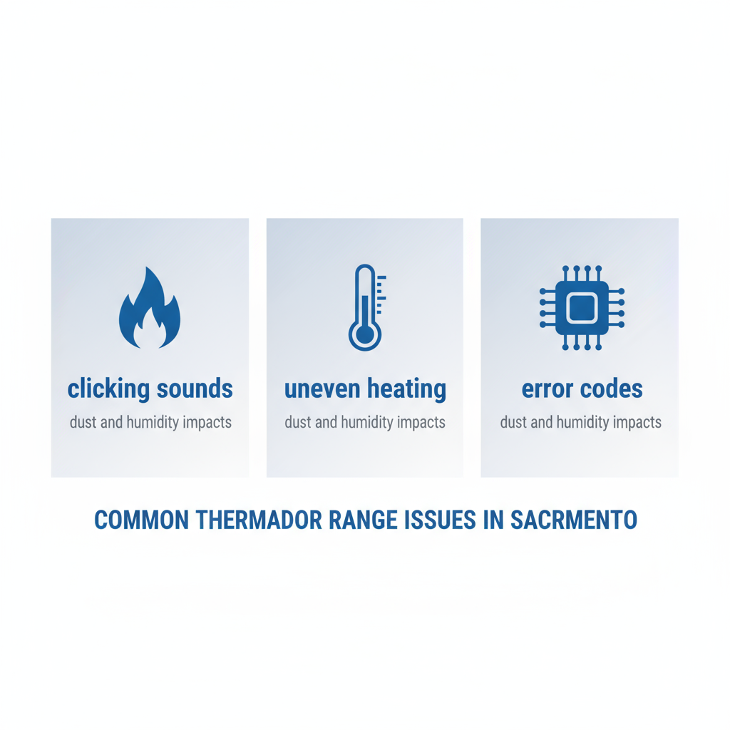 Infographic illustrating common Thermador range problems including ignition, oven temperature, and control panel issues in Sacramento