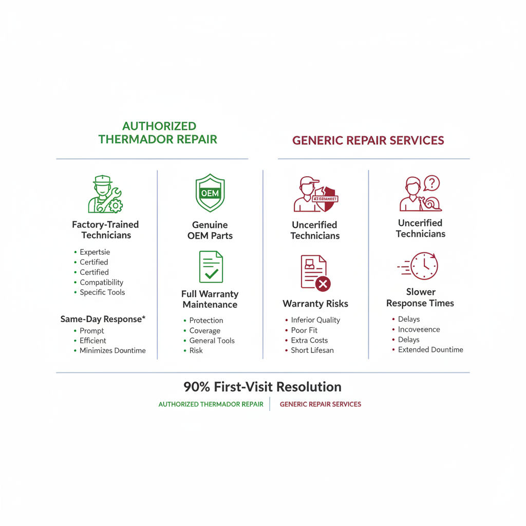 Infographic comparing authorized Thermador repair services to generic repairs, featuring icons for technicians, parts, warranty, and response times