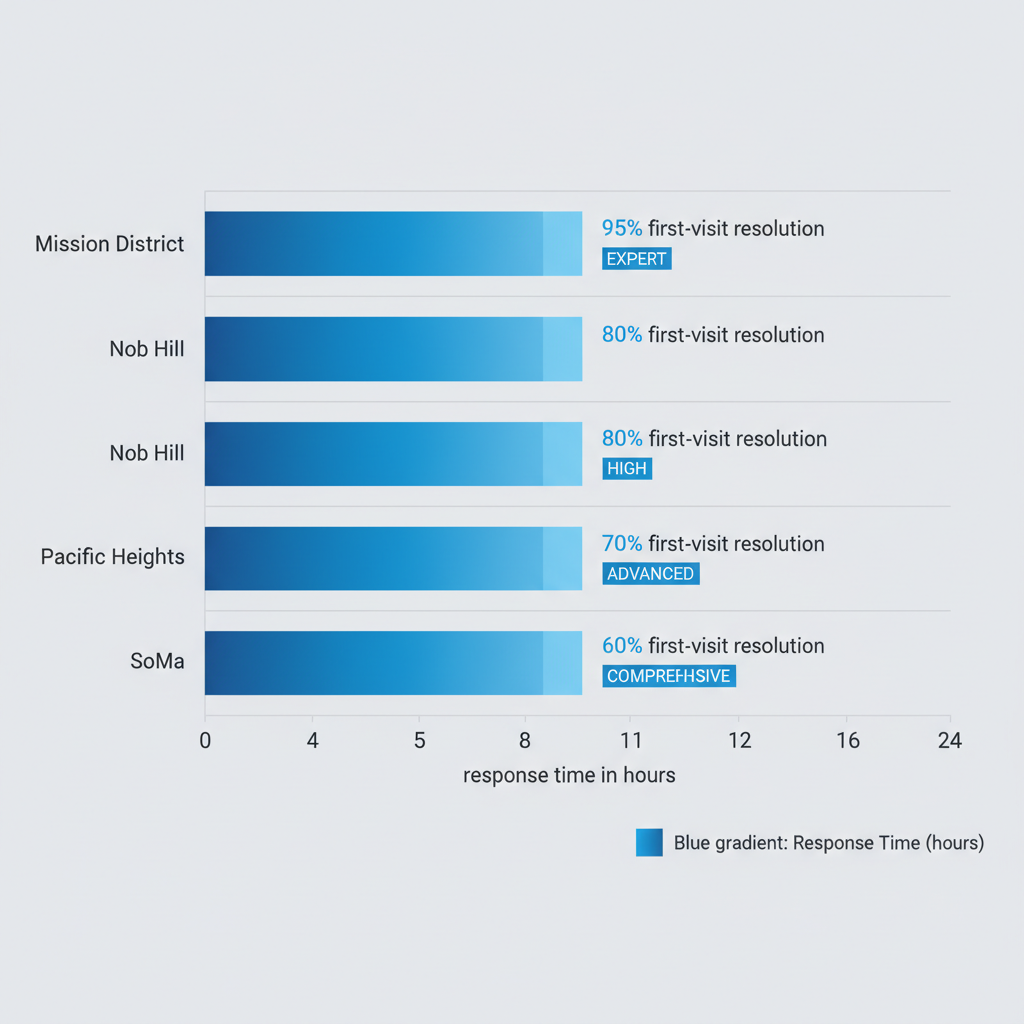 Horizontal bar chart comparing Thermador appliance repair response times and resolution rates across San Francisco neighborhoods including Mission District, Nob Hill, Pacific Heights, and SoMa