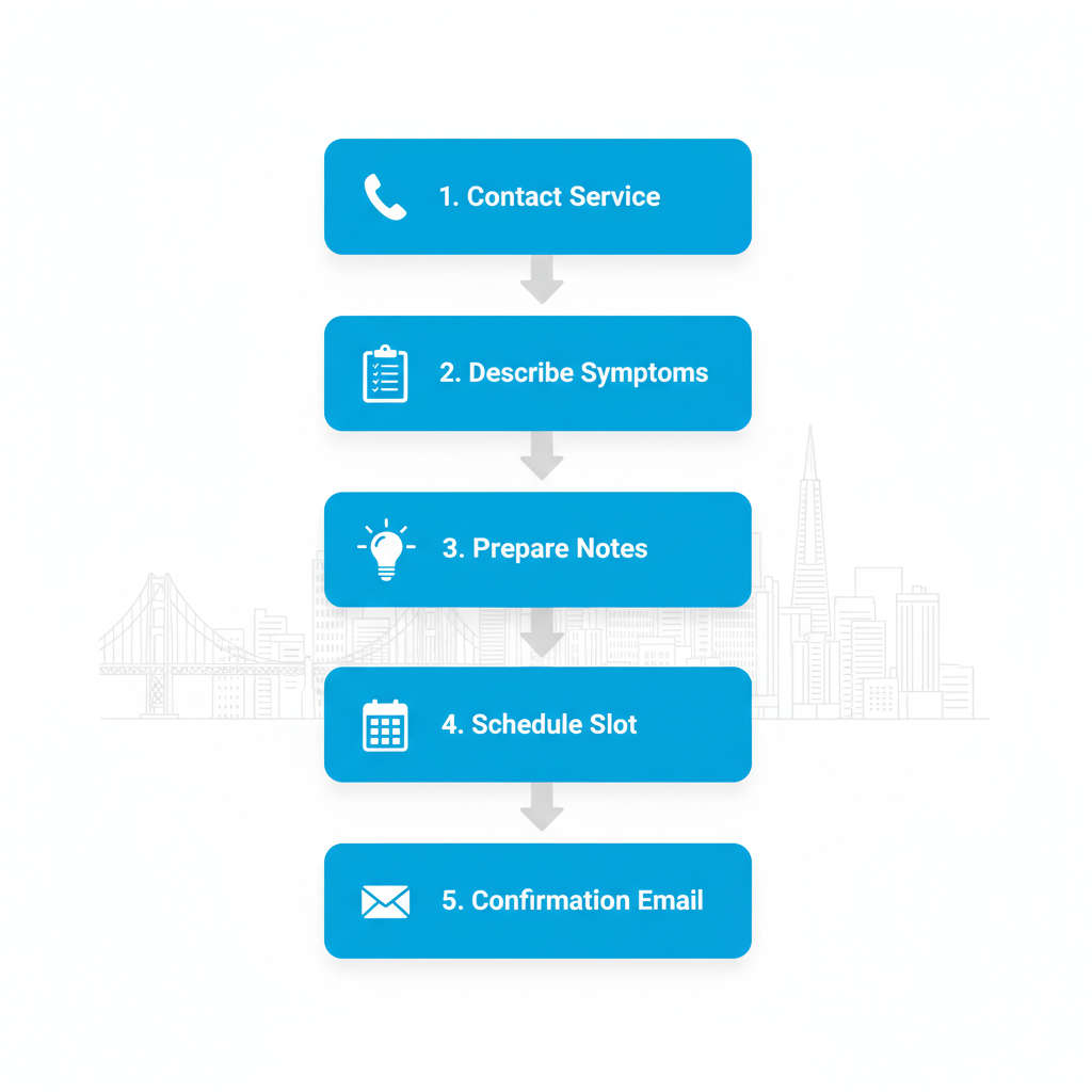 Vertical process flow illustrating the five steps to initiate Thermador freezer repair in San Francisco, featuring icons for each stage.