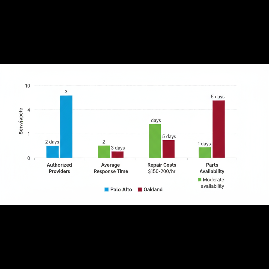 Bar chart comparing Thermador repair aspects: authorized providers, response time, costs, and parts availability in Palo Alto, San Jose, and Oakland