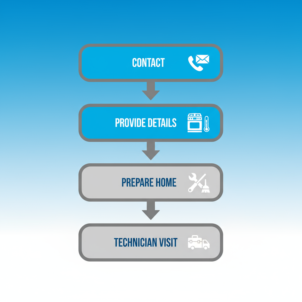 Vertical process flow diagram showing four steps to schedule Thermador appliance repair: contact, provide details, prepare home, and technician visit