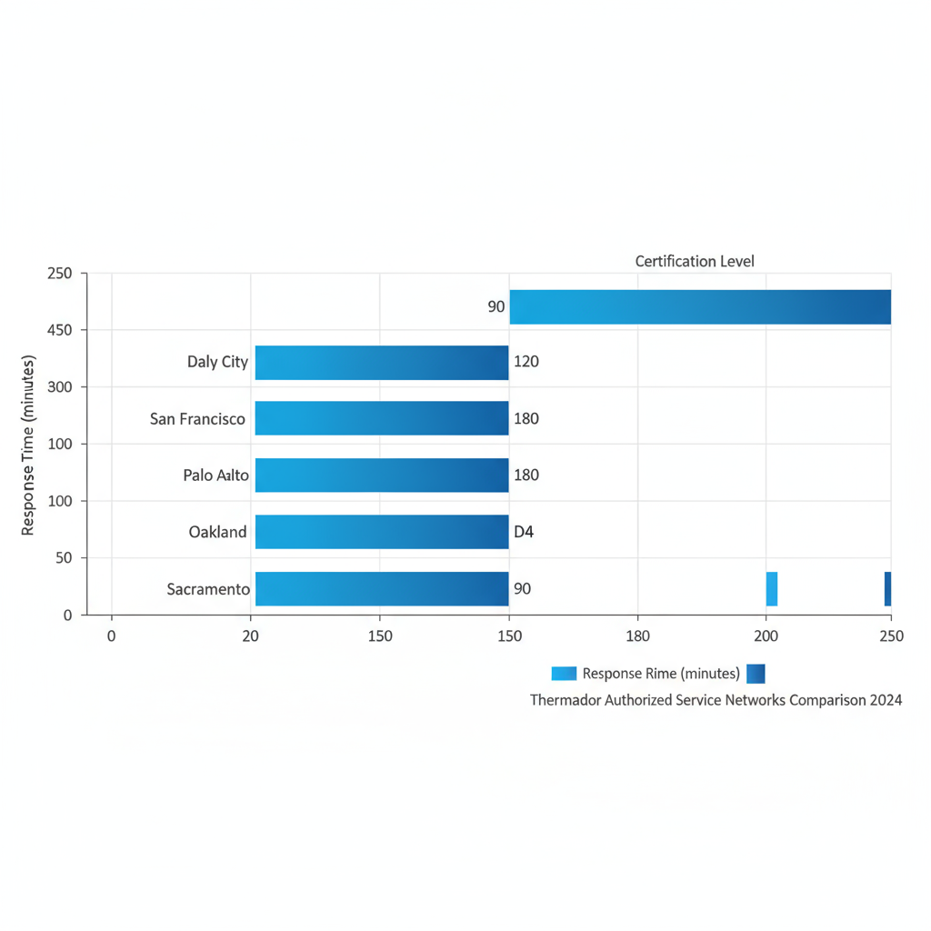 Horizontal bar chart comparing Thermador repair service response times and certification levels across Bay Area regions including Daly City