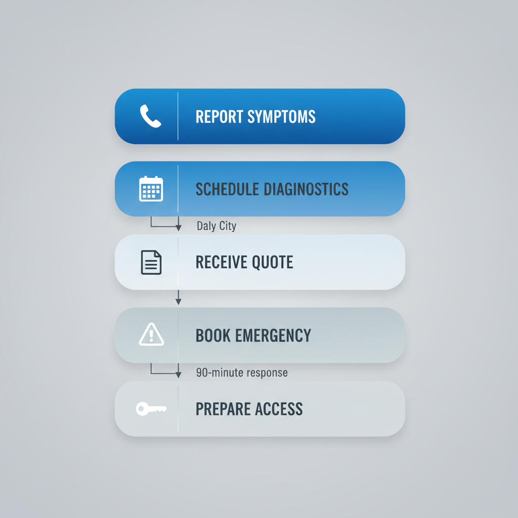 Vertical process flow diagram illustrating steps to initiate Thermador appliance repair in Daly City