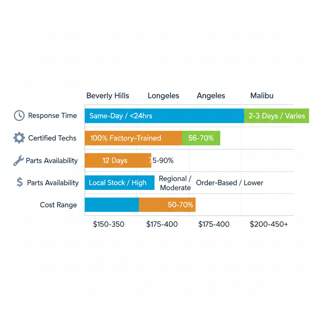 Horizontal bar chart comparing key Thermador appliance repair service aspects in Beverly Hills, Los Angeles, and Malibu