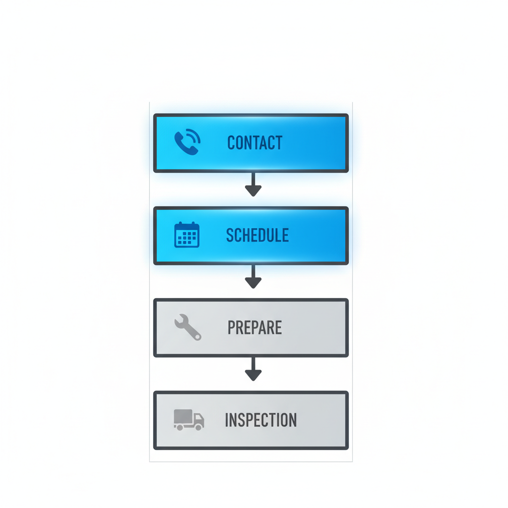 Vertical process flow diagram illustrating the four steps for scheduling Thermador appliance repairs, featuring icons for contact, scheduling, preparation, and technician visit.