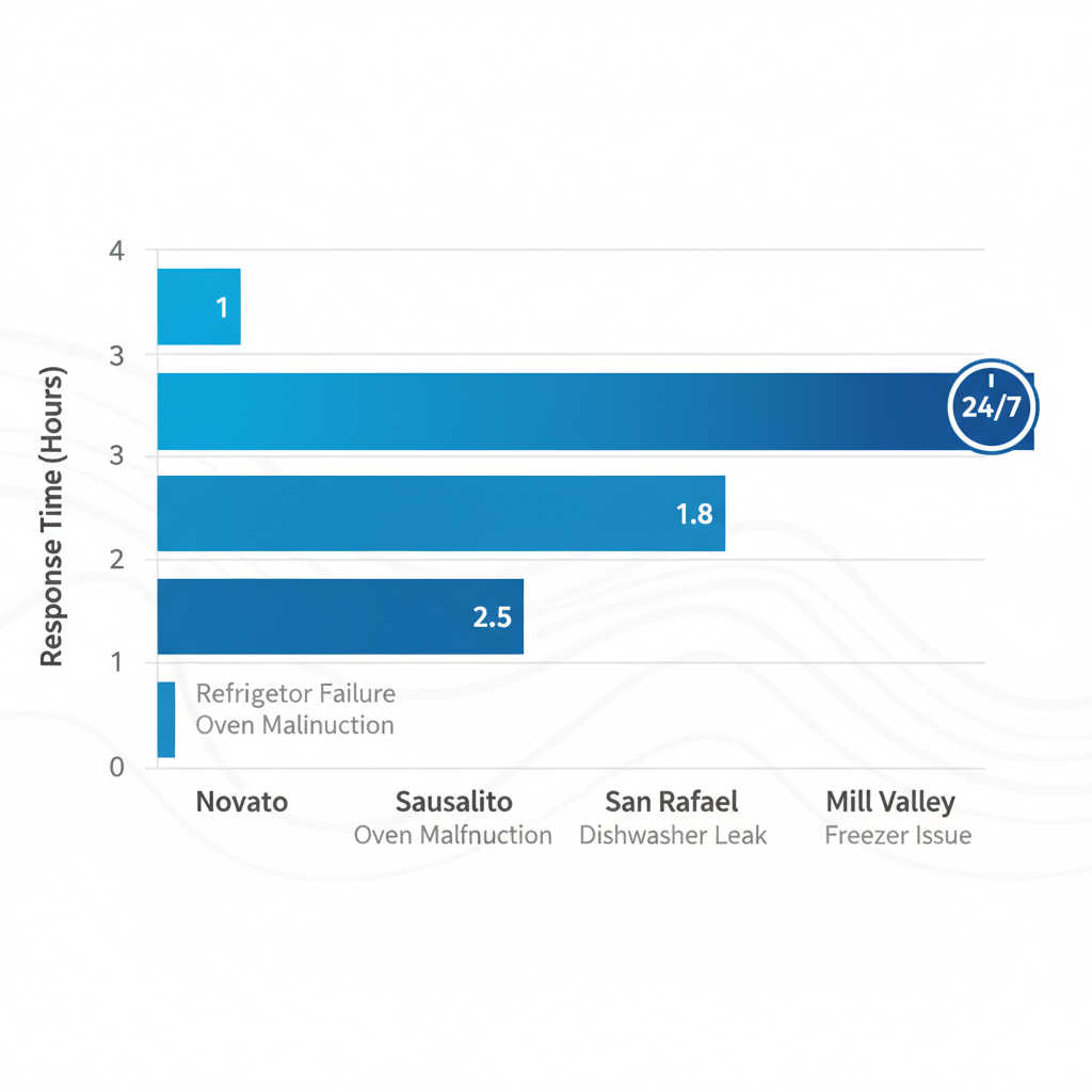 Horizontal bar chart comparing Thermador appliance repair response times in Marin County areas: Novato, Sausalito, San Rafael, and Mill Valley