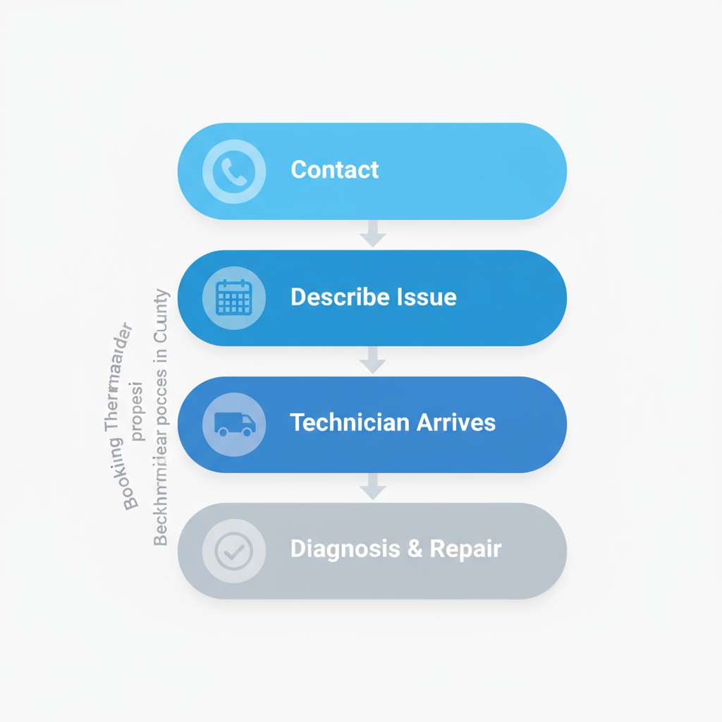 Vertical process flow diagram illustrating the six steps to book a Thermador appliance repair in Marin County
