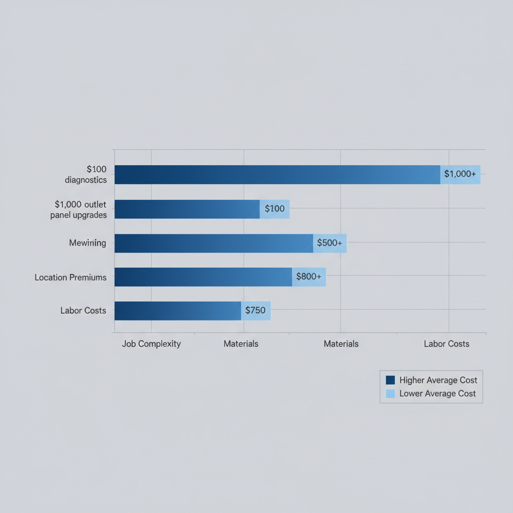 Horizontal bar chart illustrating key cost factors for electrical work in Beverly Hills including job complexity, materials, location premiums and labor with estimated cost ranges.