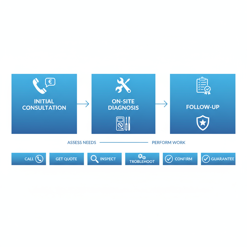 Horizontal process flow diagram of three stages in Beverly Hills electrical services operation