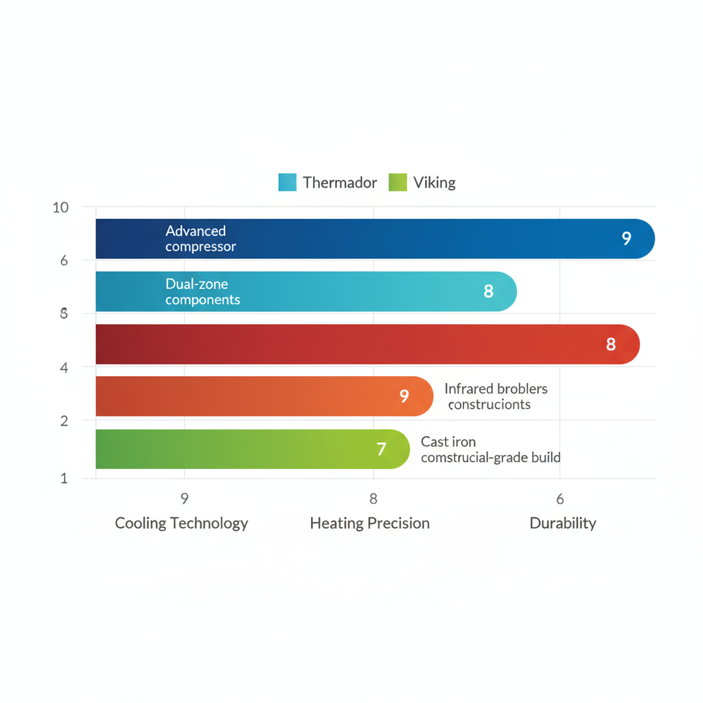 Horizontal bar chart comparing Thermador, Wolf, and Viking appliance features on cooling technology, heating precision, and durability.