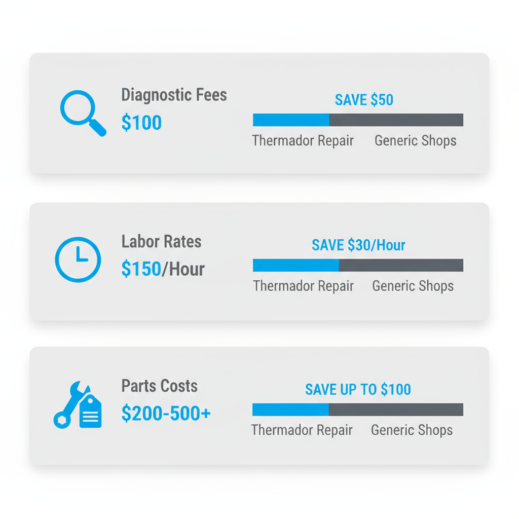 Infographic illustrating Thermador appliance repair cost breakdown with diagnostic fees, labor rates, parts pricing, and savings comparisons in Bay Area