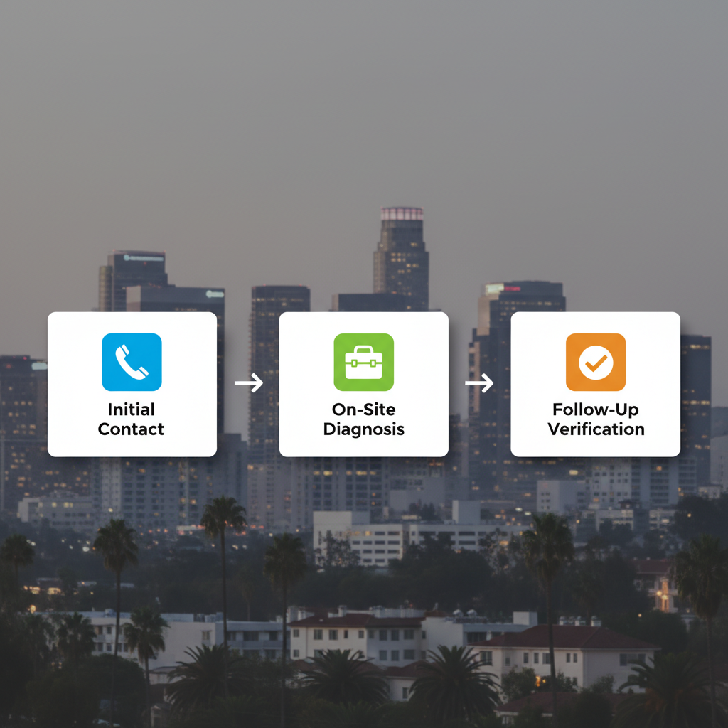 Horizontal process flow diagram illustrating three stages of engaging emergency electricians: initial contact, on-site diagnosis and repair, follow-up verification with icons and color-coded boxes