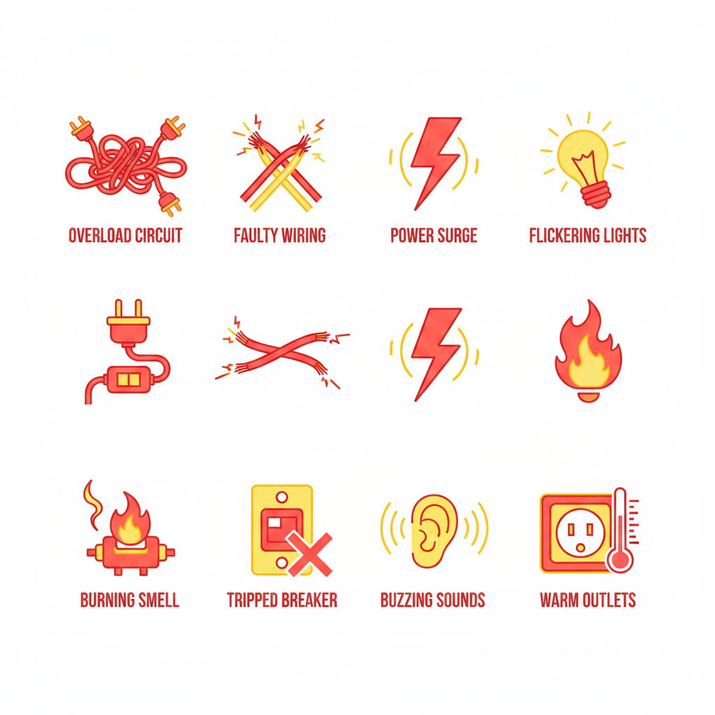 Grid of icons illustrating common emergency electrical issues like overloaded circuits and faulty wiring
