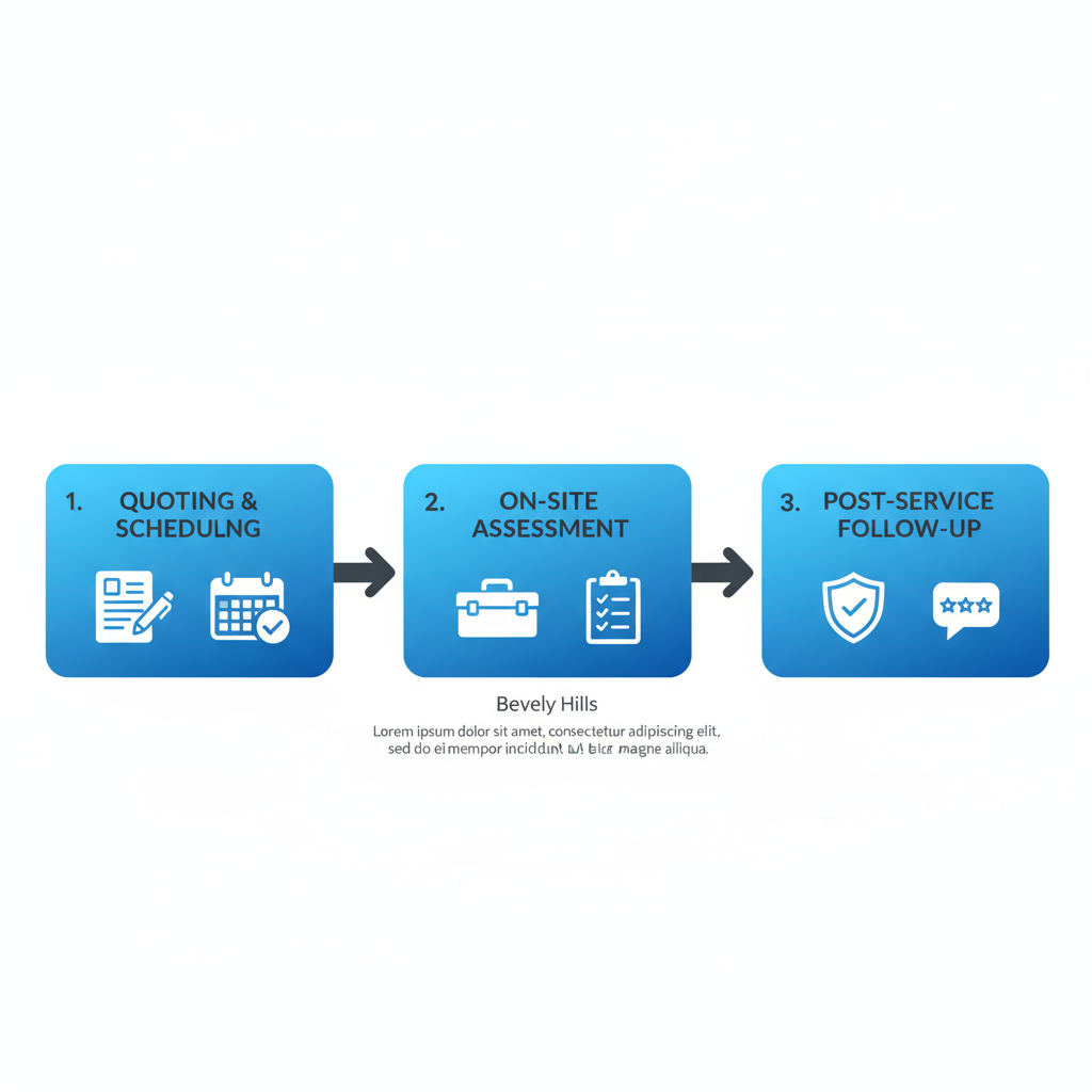 Horizontal process flow diagram illustrating three stages of commercial electrical services: quoting and scheduling, on-site assessment and execution, post-service follow-up